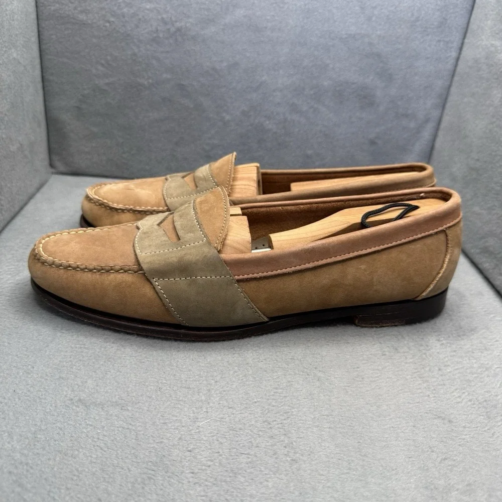Vintage Cole Haan Men's 9.5 Two Tone Tan Olive Nubuck Penny Loafers Made in USA